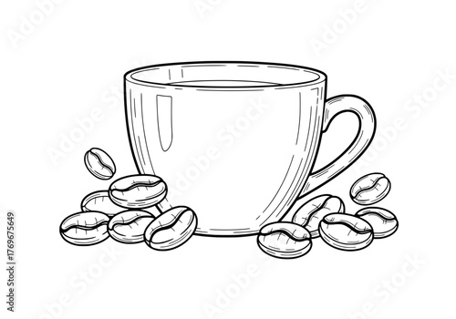 Hand-drawn sketch of a coffee cup surrounded by roasted coffee beans illustration
