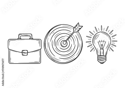 Business Success Briefcase, Target, and Lightbulb - Achieving Goals and Ideas