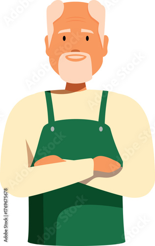 Portrait of an elderly gardener wearing an apron and crossing his arms, exuding confidence and experience in gardening