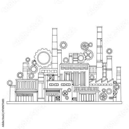 Detailed line art illustration of a sprawling industrial factory with integrated mechanical gears