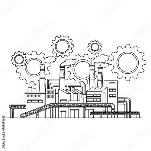 Industrial factory with smoking chimneys and gears, representing production and manufacturing