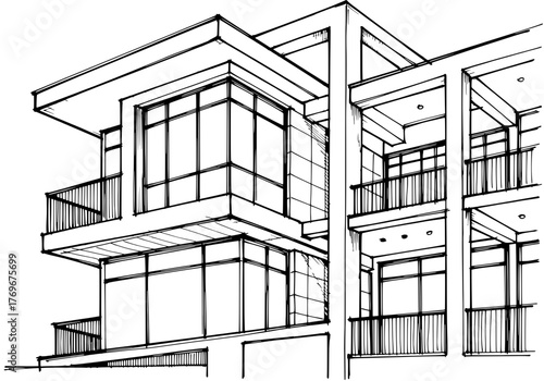 Hand-drawn illustration of a modern apartment building with balconies and windows
