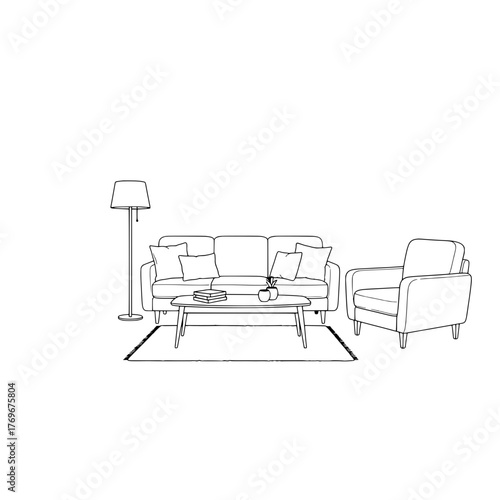 Minimalist Living Room Furniture Line Art Illustration Modern Interior Design Concept