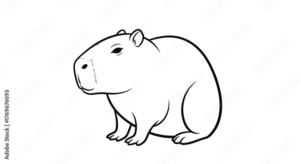 Obraz premium A detailed black and white illustration of a capybara animal in a sitting pose, perfect for coloring pages or educational materials, isolated on a white background.