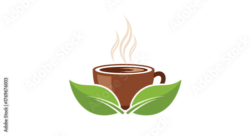 A stylized illustration of a steaming brown coffee cup surrounded by fresh green leaves, symbolizing natural and organic hot beverages.
