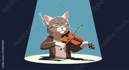 A charming cat serenades the audience with a beautiful violin performance under a spotlight.