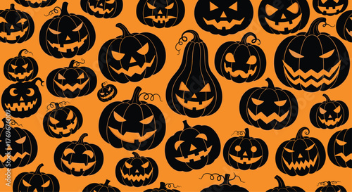 Seamless pattern of black jack-o'-lanterns with carved faces on an orange background.