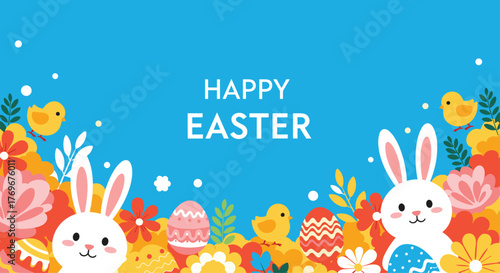 Colorful Easter-themed illustration with bunnies, chicks, eggs, and flowers on a blue background, perfect for holiday greetings and celebrations.