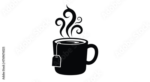A minimalist black and white silhouette illustration depicting a steaming hot mug of tea with a visible tea bag steeping in the beverage, isolated on a clean white background.