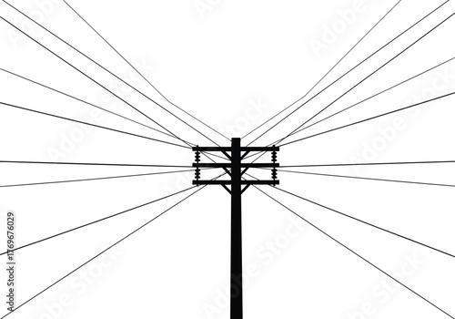 Utility pole silhouette with crossarms, insulators, power lines, electricity distribution system, urban energy grid, voltage infrastructure, industrial network, black outline background