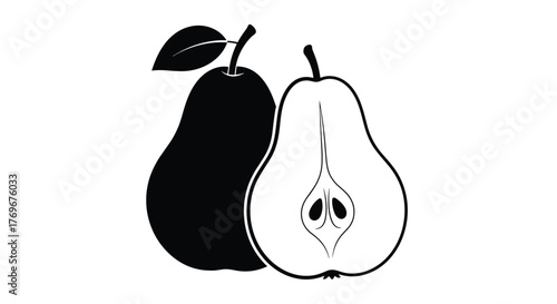 Black and white illustration of a whole pear and a pear cut in half showing seeds.