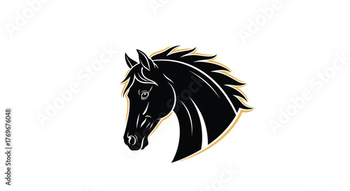Stylized black horse head with a flowing mane and gold outline against a white background.