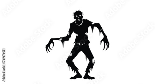 Creepy black silhouette of a standing zombie with tattered clothes and menacing clawed hands on a white background, perfect for horror themes.