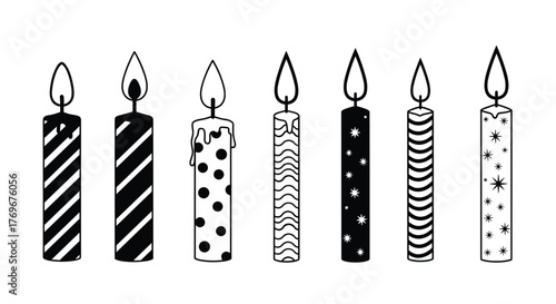 Collection of seven stylized birthday candles with different patterns and flames.