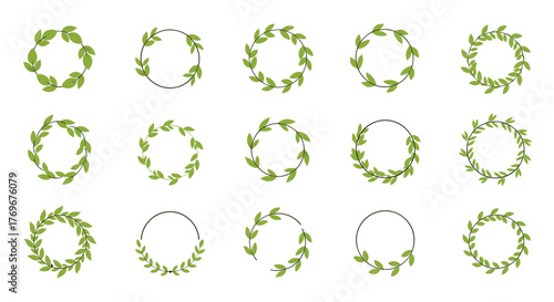 Diverse designs of circular green leaf wreaths and frames, perfect for natural borders, logos, and decorative elements.
