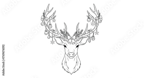 Elegant hand-drawn illustration of a deer head with decorated antlers for Christmas and winter holidays.