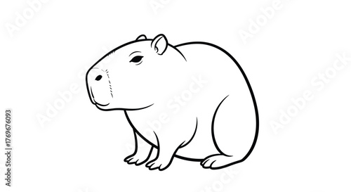 A detailed black and white illustration of a capybara animal in a sitting pose, perfect for coloring pages or educational materials, isolated on a white background.