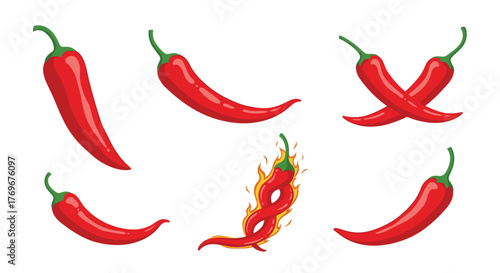 Collection of six red chili peppers in various poses and styles, some on fire, on a white background.