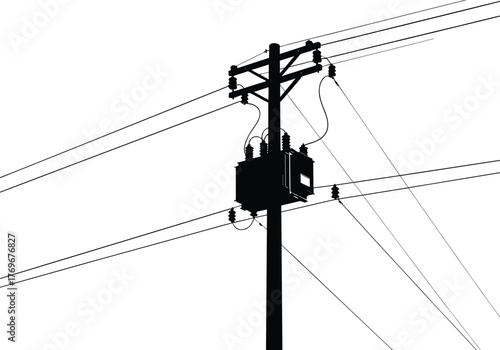 Utility pole silhouette with transformer, crossarm insulators, power lines, electricity distribution system, urban energy infrastructure, voltage grid, industrial network, black outline background