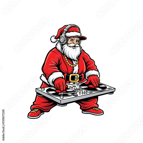 Cool DJ Santa Claus Mixing Music Cartoon Illustration