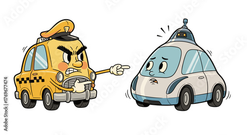 Cartoon taxi arguing with autonomous car in humorous scene  
