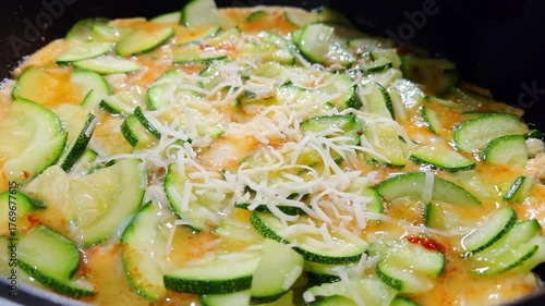 Fresh Zucchini and Cheese Omelette in a Frying Pan for a Nutritious Breakfast