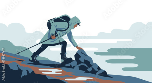 Minimalist Illustration Of A Hiker Climbing A Rocky Mountain With A Scenic Background