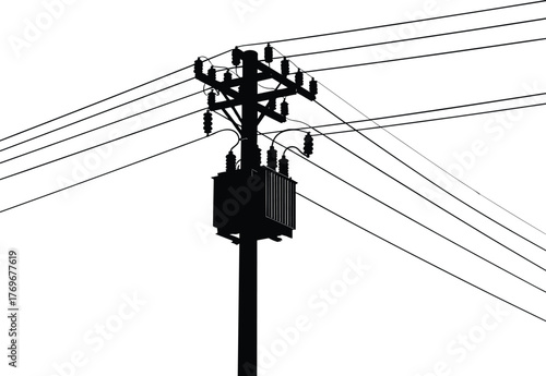 Utility pole silhouette with transformer, insulators, power lines, electricity distribution system, urban energy grid, voltage infrastructure, industrial network, black outline background
