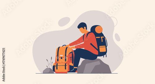 Minimalist Illustration of a Hiker Preparing for an Adventure With Backpacks Ready