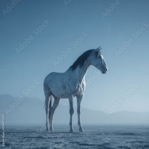 Elegant White Horse: Full-Body Portrait in a Minimalist Setting.