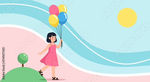 Little Girl With Balloons Strolling Under the Pastel Colors of the Sky and Sun