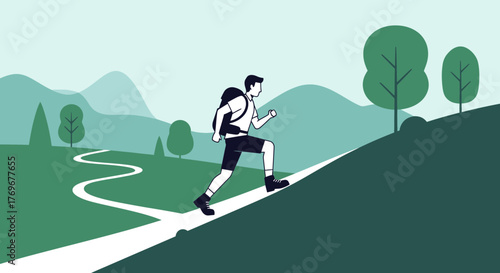 Minimalist Illustration of Hiker Climbing Uphill Towards Natural Environments