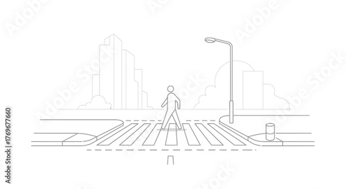 Minimalist Illustration of a Pedestrian Crossing a City Street During the Day