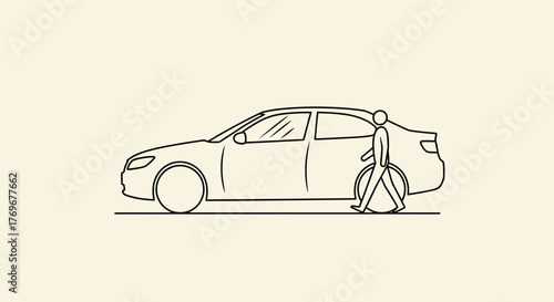 Minimalist Illustration of a Person Approaching a Car Conveying Movement and Transportation
