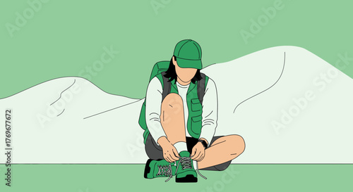 Minimalist Illustration Of Hiker Preparing For Adventure Amidst Serene Mountain Scene