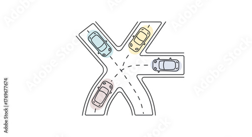 Minimalist Illustration Of Traffic Crossroads And The Movement Of Vehicles