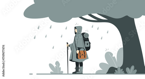 Minimalist Illustration Of Traveler Standing Under Rain And A Tree While Traveling