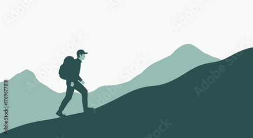 Minimalist Silhouette of Adventurer Climbing A Mountain Against The Sky