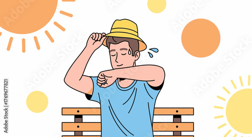 Man In The Hot Sun Wearing Hat, Cooling Off, Illustrative Summer Heat Concept