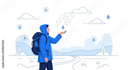 Man In Raincoat Observing Raindrops While Hiking In The Natural Environment