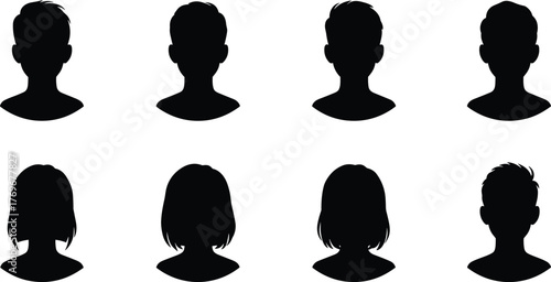 Human head silhouettes, male and female profiles, hairstyle variation, black outline, character design, demographic icon, vector portrait set