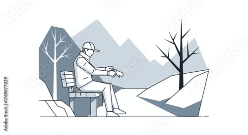 Man In The Mountains Checking His Watch on a Bench Modern Minimalist Illustration