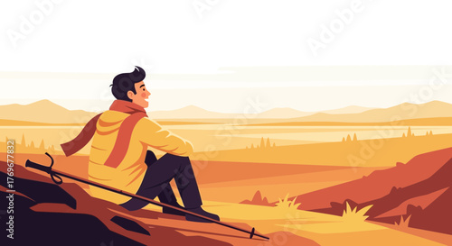 Man In Yellow Jacket Relaxes While Enjoying the Autumn Landscape Scenery