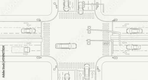 Minimalistic Depiction of a City Intersection with Traffic Elements and Clear Road Markings