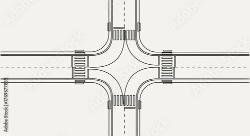 Minimalistic Depiction Of A Complex Highway Intersection With Multiple Crosswalks