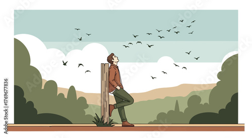 Man Leaning on Post Watching Birds Fly, Contemplating Nature With Dreamy Sky View