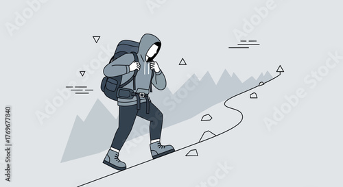 Minimalistic Illustration Of A Hiker Embarking On A Journey Up The Mountain Trail