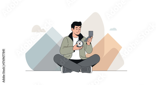 Man Meditating with Compass in Front of Mountainous Landscape Vector Illustration