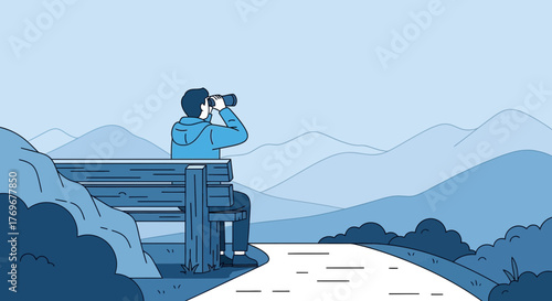 Man Observing The Landscape Using Binoculars From A Wooden Bench Against A Mountain Range