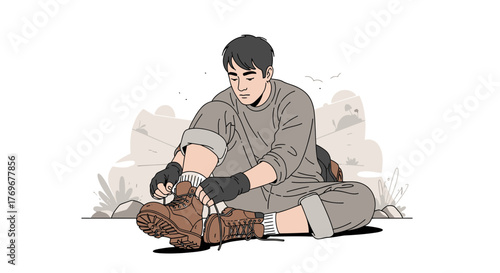 Man Preparing Boots For A Hike Outdoors, Simple Illustration, Suitable For Outdoors